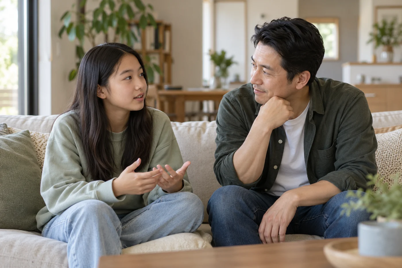 Illustrative scene of a father listening to his daughter at home