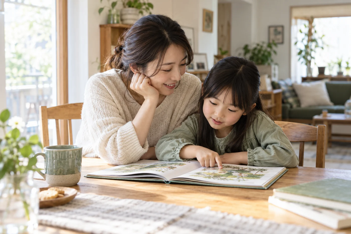 Illustrative scene of a mother and child reading together at home